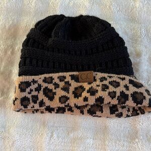 CC Black and Leopard Print ponytail Beanie